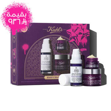 A graphic featuring a rectangular purple and pink Kiehl's "SEASON'S TREATINGS ANTI-AGING COLLECTION" gift set box, in front of the box there is a white and purple bottle of Retinol Skin-Renewing Daily Micro-Dose Serum, a small purple jar of Super Multi-Corrective Eye Zone Treatment, and a larger purple jar of Super Multi-Corrective Cream.
