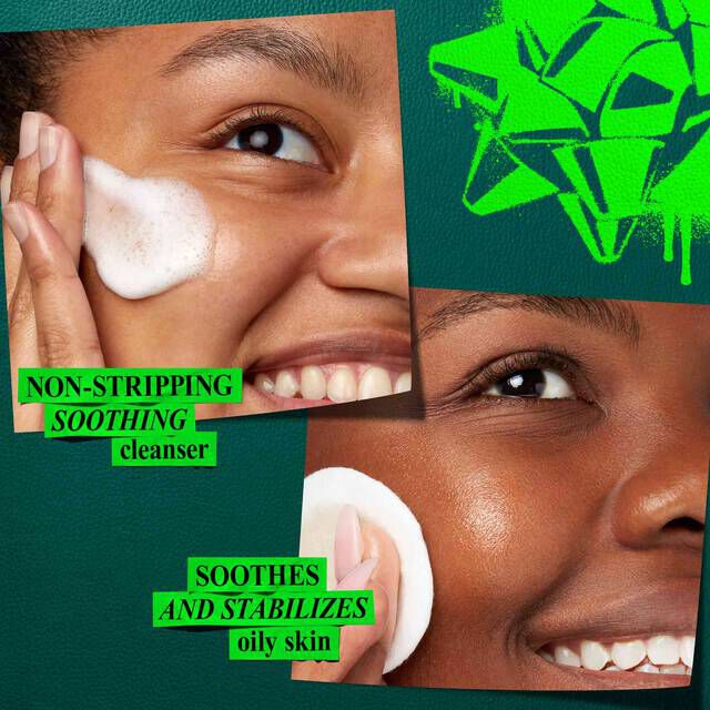 A graphic, set against a dark green background with bright green elements, displays two close-up images, each with a specific benefit highlighted. The left image shows a hand applying foam to the face, accompanied by the text "NON-STRIPPING SOOTHING CLEANSER." The right image shows a hand applying product to the skin with a cotton pad, labeled with the text "SOOTHES AND STABILIZES OILY SKIN." The top right corner features a bright green bow.