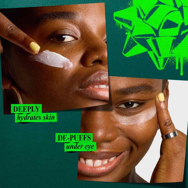 A graphic with two split images, set against a dark green background with a bright green bow graphic in the top right. The top left image shows a finger applying a white cream to a person's cheek, with text below that reads "DEEPLY hydrates skin". The bottom right image shows a person with a cream applied under their eye, with text above that reads "DE-PUFFS under eye".