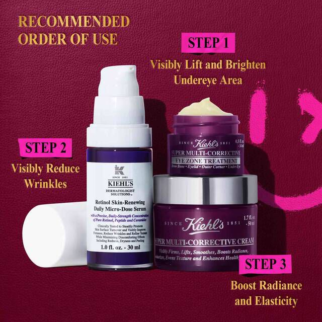 A graphic titled "RECOMMENDED ORDER OF USE" displays three Kiehl's skincare products against a dark purple background with bright pink graphic elements on the right: a smaller purple jar of "Kiehl's Super Multi-Corrective Eye Zone Treatment" for "STEP 1 Visibly Lift and Brighten Undereye Area", a white and purple bottle of "Kiehl's Retinol Skin-Renewing Daily Micro-Dose Serum" for "STEP 2 Visibly Reduce Wrinkles", and a larger purple jar of "Kiehl's Super Multi-Corrective Cream" for "STEP 3 Boost Radiance and Elasticity".
