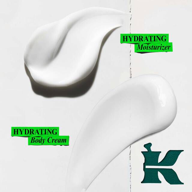 A graphic showing two white swirls of product against a light background. The upper right swirl is labeled "HYDRATING Moisturizer" and the lower left swirl is labeled "HYDRATING Body Cream." A dark green "K" logo is in the lower right corner.