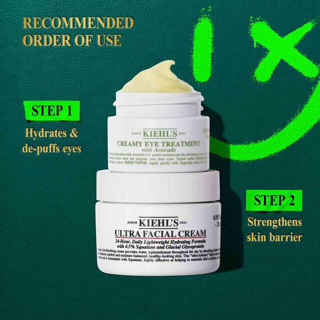 A graphic displaying two Kiehl's jars. In the upper left corner it reads "RECOMMENDED ORDER OF USE". The top jar is "KIEHL'S CREAMY EYE TREATMENT with avocado" showing a yellow-green swirl of product on top, and it reads "STEP 1 Hydrates & de-puffs eyes". The bottom jar is "KIEHL'S ULTRA FACIAL CREAM", and it reads "STEP 2 Strengthens skin barrier". A green graphic of a smiley face is in the upper right corner. All set on a dark green background.