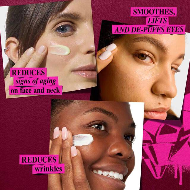 A graphic, set against a dark red background with bright pink elements, displays three close-up images, each with a specific benefit highlighted. The top-left image shows a woman applying cream to her cheek, with the text "REDUCES signs of aging on face and neck". The top-right image focuses on a woman's eye area, accompanied by the text "SMOOTHES, LIFTS AND DE-PUFFS EYES". The bottom-center image depicts a woman applying cream to their cheek, labeled with the text "REDUCES wrinkles".