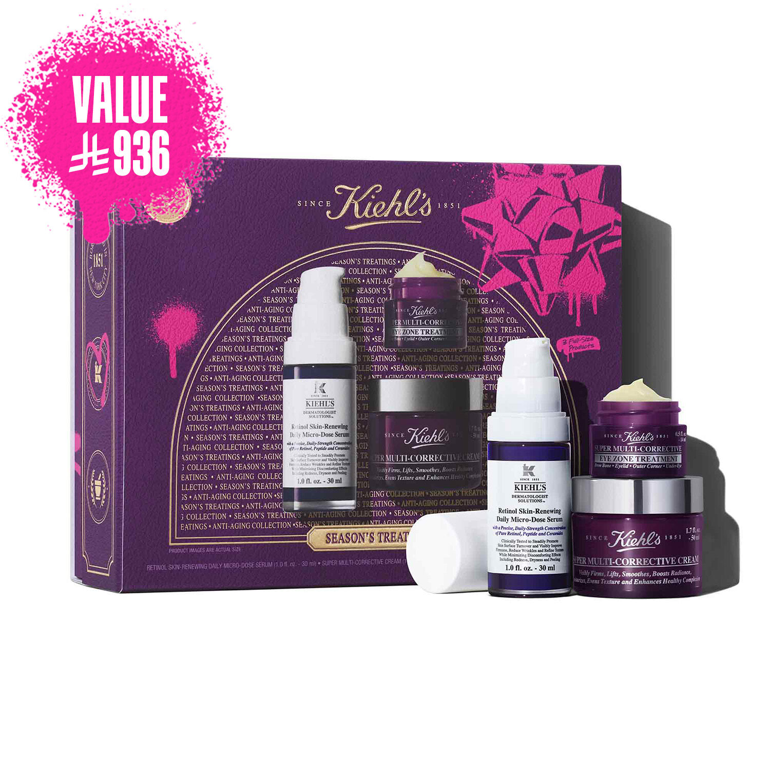 A graphic featuring a rectangular purple and pink Kiehl's "SEASON'S TREATINGS ANTI-AGING COLLECTION" gift set box, in front of the box there is a white and purple bottle of Retinol Skin-Renewing Daily Micro-Dose Serum, a small purple jar of Super Multi-Corrective Eye Zone Treatment, and a larger purple jar of Super Multi-Corrective Cream.