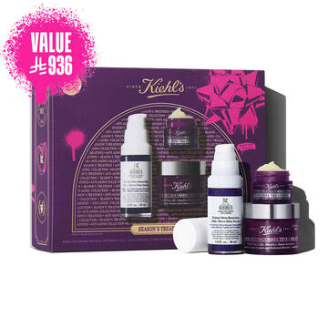 A graphic featuring a rectangular purple and pink Kiehl's "SEASON'S TREATINGS ANTI-AGING COLLECTION" gift set box, in front of the box there is a white and purple bottle of Retinol Skin-Renewing Daily Micro-Dose Serum, a small purple jar of Super Multi-Corrective Eye Zone Treatment, and a larger purple jar of Super Multi-Corrective Cream.