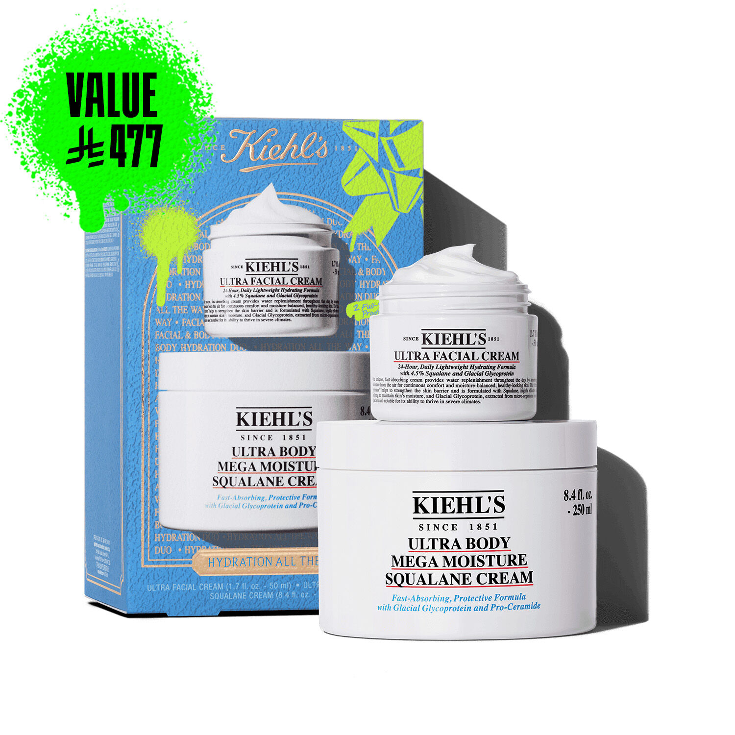 A graphic featuring a blue Kiehl’s gift box. The box contains two white jars: "KIEHL’S ULTRA FACIAL CREAM" and "KIEHL’S ULTRA BODY MEGA MOISTURE SQUALANE CREAM." The box has bright green graphic paint splatters and a bow design, and features the text "HYDRATION ALL THE WAY" on the front.