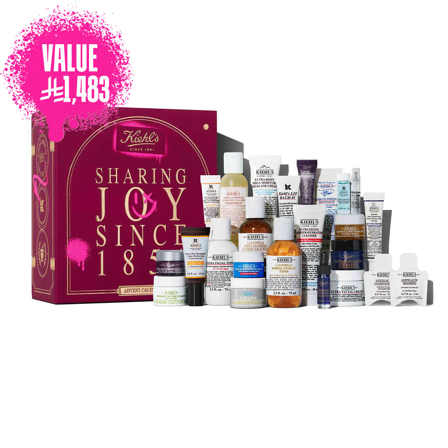 The Kiehl’s Advent Calendar displayed with the box on the left and 24 mini skincare and body care products arranged in front. The products include cleansers, toners, serums, masks, and moisturizers.​