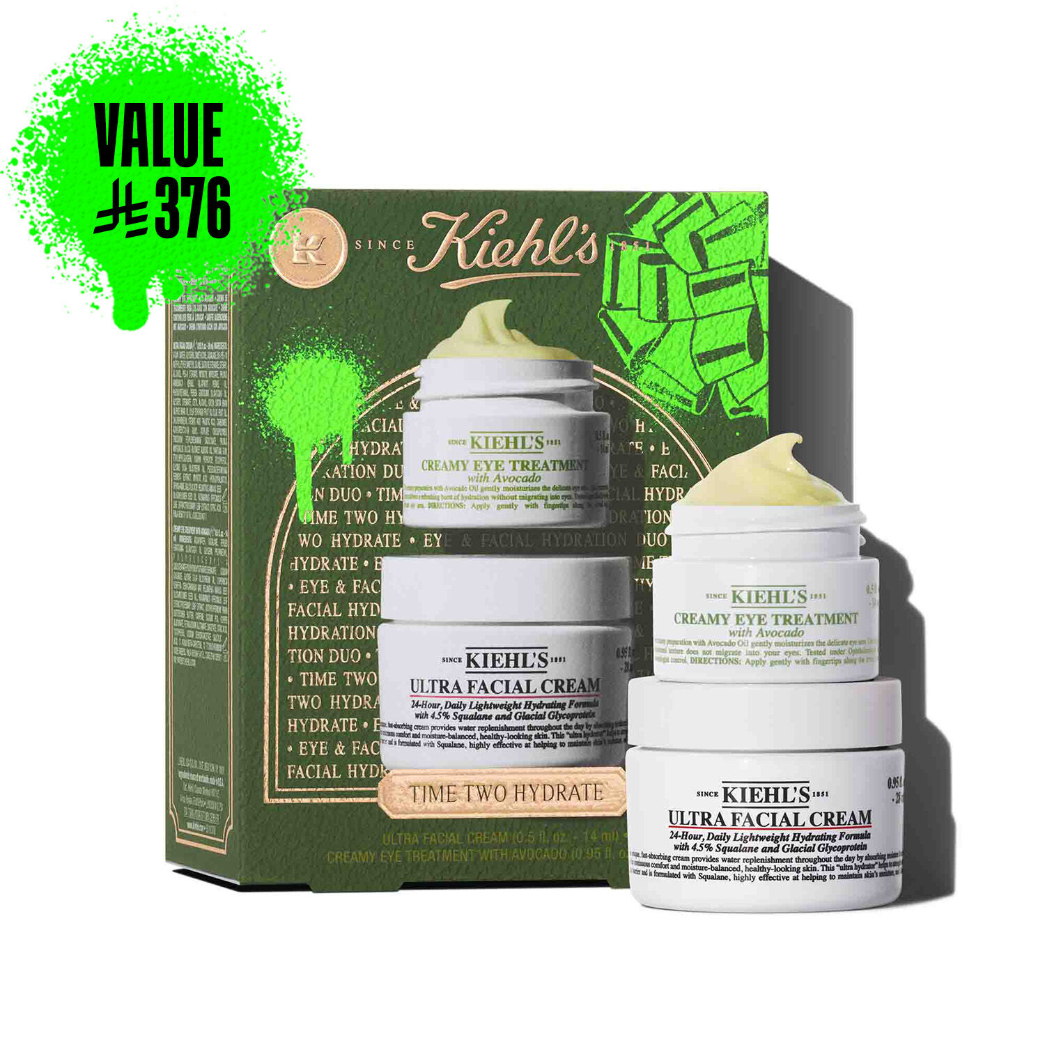 A Kiehl's green gift box is shown on the left, with "TIME TWO HYDRATE" text, and green graphic elements. To the right, two jars of products are stacked: the top jar is "KIEHL'S CREAMY EYE TREATMENT with avocado" and has a visible yellow-green swirl of product on top. The bottom jar is "KIEHL'S ULTRA FACIAL CREAM".